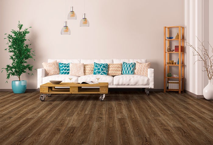 Wood-look vinyl plank flooring in a living room | California Renovation
